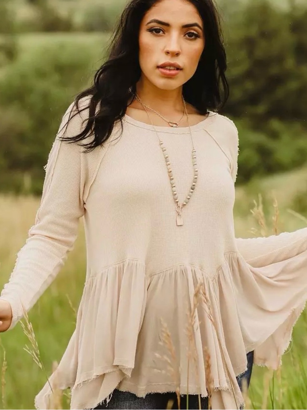 gimmicks by BKE Layered Peplum Tunic Top in Light Beige